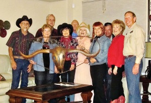Cowboy up! It was a Longhorn State Wine Tastin’ shindig! Pete Toppan, Mary Bryant, Roy Bryant, Nancy Toppan, Al Wright, Viv Wright, Terry Gilberti, Michael Gilberti, Catherine Bass and Ken Bass.