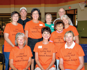 The mighty bowlers of Robson Ranch. Left to right, back row: June Rana, Larry Dietrick, Barbara Roberts, Phyllis Olson, Dwight Olson and Mary Arthur; front row: Linda Grandfield, Janice Brown, Alice Uyeda and Beverly Dietrick.