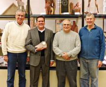 Joey Misiaszek, Frank Hunter and Fred Ahrens presenting a token of appreciation to Jack Sarsam. It is a custom made desk clock crafted from a piece of Mesquite wood, highly polished and inlaid with turquoise. Our own President, Joey Misiaszek, crafted the clock. Ray Wazny did the inlay.