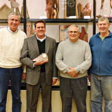 Joey Misiaszek, Frank Hunter and Fred Ahrens presenting a token of appreciation to Jack Sarsam. It is a custom made desk clock crafted from a piece of Mesquite wood, highly polished and inlaid with turquoise. Our own President, Joey Misiaszek, crafted the clock. Ray Wazny did the inlay.