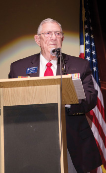 World War II Veteran Watson Crumbie speaking at the Veterans Day Concert. Picture by Randy Hatcher.