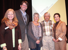 Dementia 101 presentation at Robson Ranch clubhouse; left to right: Pat Sherman our liaison from DATCU; Patrick Rogers, Vice President of Marketing at ARC Home Health Heritage Hospice; Susan Hebert, Chair of the Living Well Committee; Fred van Naerssen, committee member; and Corey Tague, Director of Education at ARC Home Health Heritage Hospice. Photo courtesy of Jerry Schlesinger.