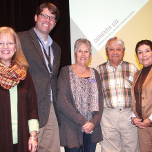 Dementia 101 presentation at Robson Ranch clubhouse; left to right: Pat Sherman our liaison from DATCU; Patrick Rogers, Vice President of Marketing at ARC Home Health Heritage Hospice; Susan Hebert, Chair of the Living Well Committee; Fred van Naerssen, committee member; and Corey Tague, Director of Education at ARC Home Health Heritage Hospice. Photo courtesy of Jerry Schlesinger.