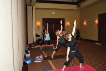 Wednesday 9:30 a.m. class from front to back in the Peaceful Warrior pose are Deb Nortunen, Mary Dickerson, Wendy Hicks, Ginny Brady, Susan Engstrom and Dick Cecil