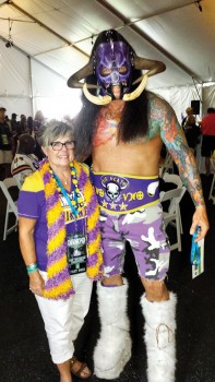 Maureen with extreme Viking Fan from Thief River Falls, MN who played hockey with the Lehrer’s nephew in high school.