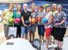 The clap of bowling thunder with Girls on Wheels: Melodye Rogers, Diane Khalar, Debra Davis, Susan Hebert,  Nancy Burns, Vicki Baker, Conni Bjella and Sheri Twiggs