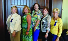 Greeters at the September lunch, left to right: Judy Drew, Susan Parker, Lynn Moore, Geraldine Gawle and Mary Ann Rich.