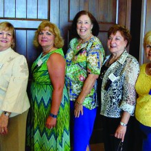 Greeters at the September lunch, left to right: Judy Drew, Susan Parker, Lynn Moore, Geraldine Gawle and Mary Ann Rich.