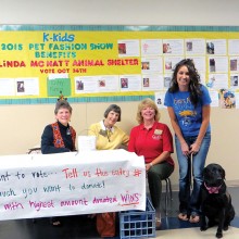 RR Kiwanians Vicki Baker, Barbara Anderson and Kathy Perry with school counselor Hailey Caraway and service dog Lola