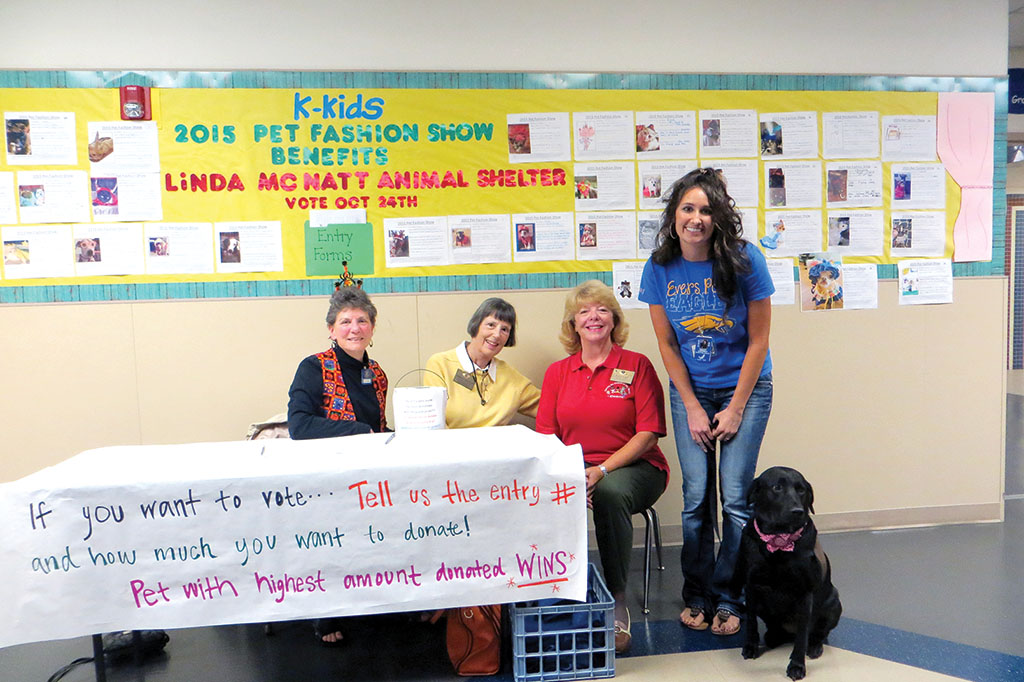 RR Kiwanians Vicki Baker, Barbara Anderson and Kathy Perry with school counselor Hailey Caraway and service dog Lola