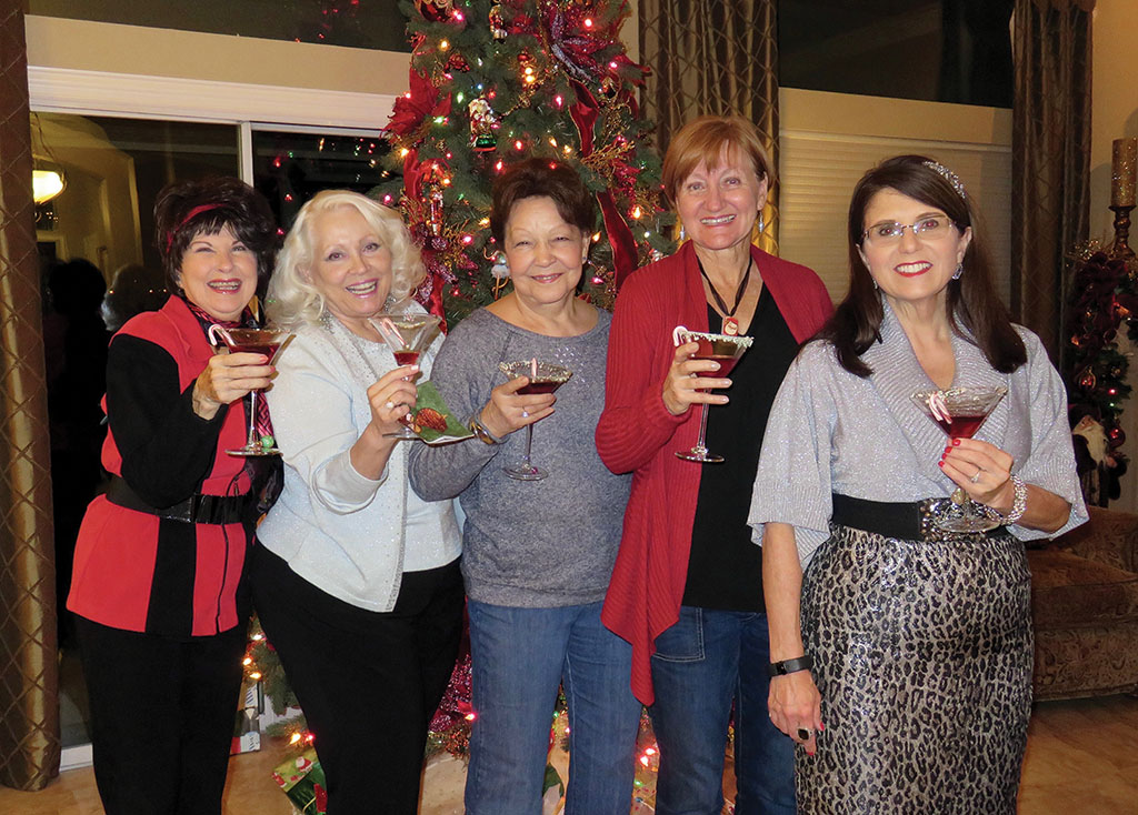 A Holiday Toast with the Heberlein’s Holiday Candy Cane Martini. Nancy Toppan, Viv Wright, Millie Aramanda, Melodye Rogers and Kathy Heberlein