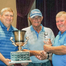 From left to right: David Thatcher, Wildhorse Golf Club, Head Golf Professional; Ted Dunson, Robson Cup Winner 2016 and Joe Cooper, President, Robson Ranch Men’s Golf Association