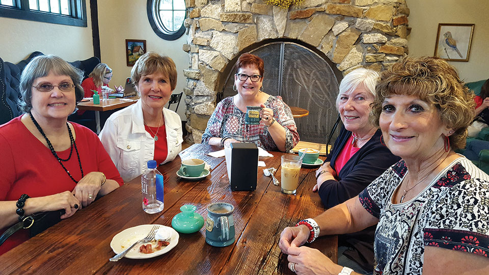 Judy Loomis, Mala Bowdouris, Gayle Coe, Nanci Zipes and Phyllis Ayers at the coffee house
