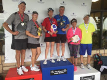 Mixed Doubles 65+ 5.0, 4.5 medal winners from left to right: Fred Thompson (resident) and Vicky Noakes, Silver Medal; Susan Goldstraw and Rick Mendenhall, Golf Medal; Sherril Kerr (resident) and Tim Kuss, Bronze Medal