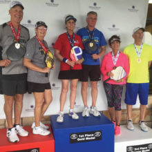 Mixed Doubles 65+ 5.0, 4.5 medal winners from left to right: Fred Thompson (resident) and Vicky Noakes, Silver Medal; Susan Goldstraw and Rick Mendenhall, Golf Medal; Sherril Kerr (resident) and Tim Kuss, Bronze Medal