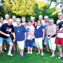 Back row: Joanie Price, Jim Price, Scott Lancaster, Wynn Lancaster, Candy Atchison, VB Atchison and Greg Lenski; front row: host Bob Brown, hostess Carolyn Brown, Joanne Urrutia, Cheryl Lenski, Jean Dubiel and Jim Zimmerman; missing from the picture: Jan and Jerry Angus, Joyce Betty