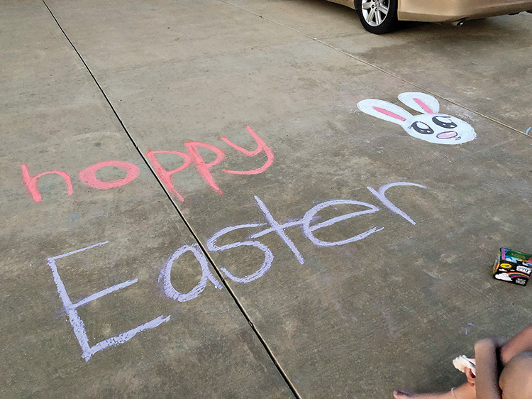 Chalk paintings done by the grandchildren who came to visit their grandparents for Easter weekend.