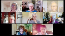 Members of the Thursday Voices United discussion group on Zoom: top row (from left to right): Karen McDaniels, Jane Scholz, and Janet Scott-Harris; second row: Jan Lands, Margo Ways, and Kim Robinson; third row: Joan Wall and Frances Rolater