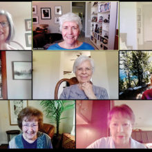 Members of the Thursday Voices United discussion group on Zoom: top row (from left to right): Karen McDaniels, Jane Scholz, and Janet Scott-Harris; second row: Jan Lands, Margo Ways, and Kim Robinson; third row: Joan Wall and Frances Rolater