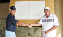 Lee Griswold and Jim Kohnert wish each other good fortune at the start of the Wildhorse Cup.