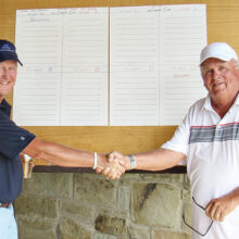 Lee Griswold and Jim Kohnert wish each other good fortune at the start of the Wildhorse Cup.