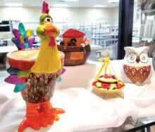 A few projects made by our members—The Flashy Rooster, the Adorable Arc by Lana Aberbach, the Enlightened Owl by Angela Waters, and the Hummingbird Feeder was a joint effort.