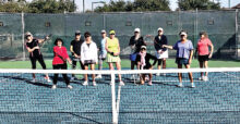 Clowning around playing ladies tennis league (left to right): Debbie DiPasquaie, Anna Nallon, Julie Conant, Renee Kowalski, Lorie Blanda, Ellen Gilgore, Ineke Dabelic, Lonnie Gisis, Karen Dodrill, Janie Farda, and Dianne Ace